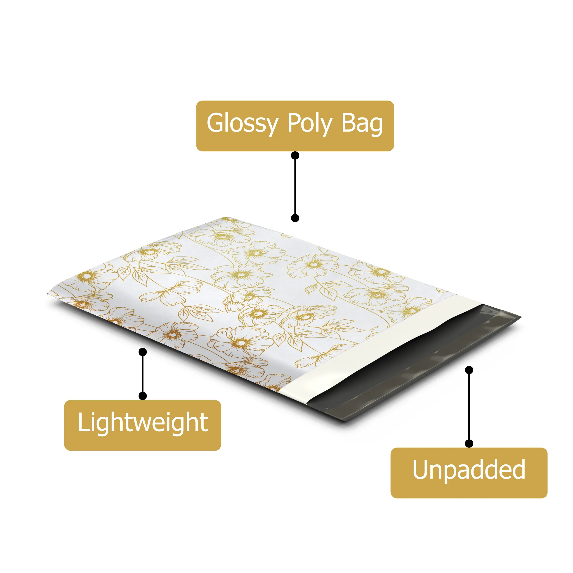 10x13 Gold Sketched Floral Designer Poly Mailers Shipping Envelopes Premium Printed Bags