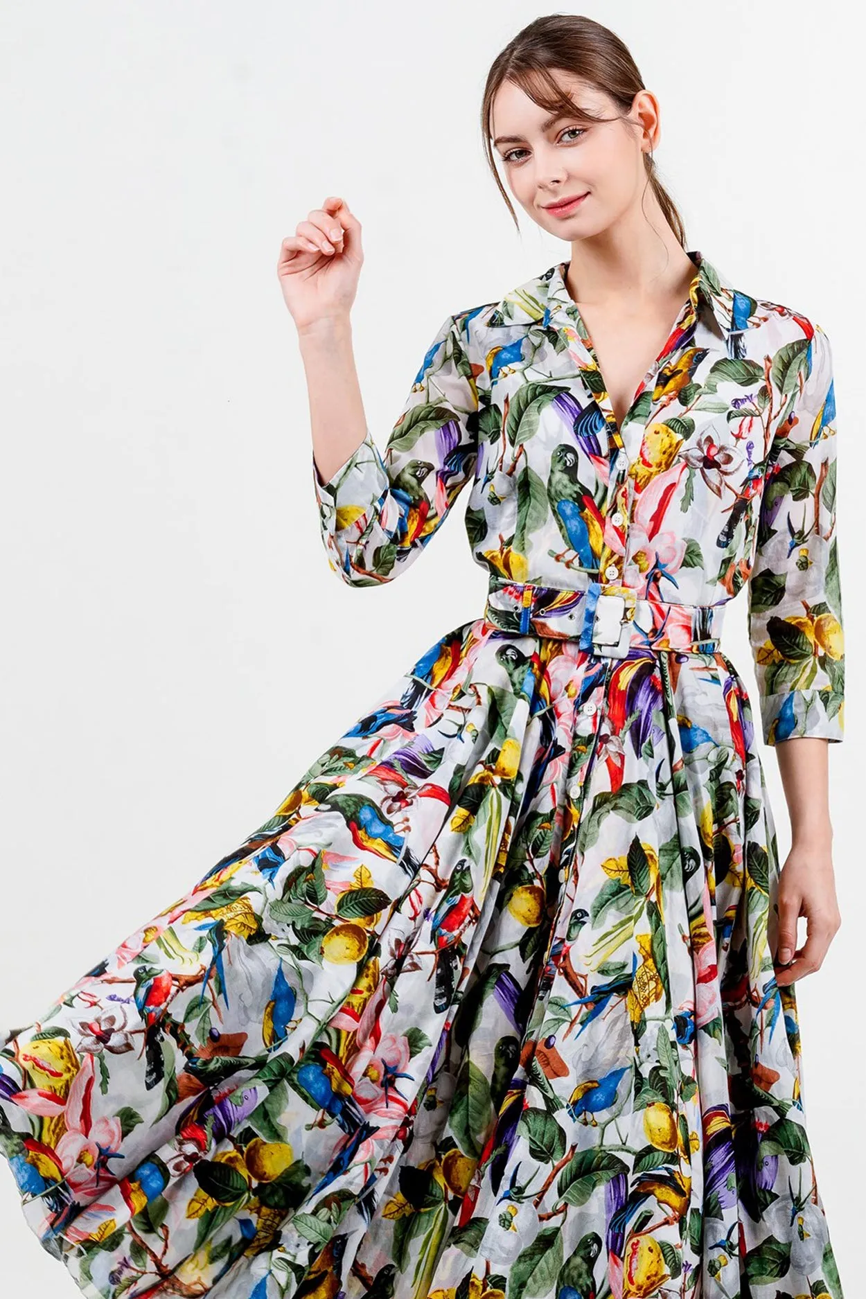 Aster Dress Shirt Collar 3/4 Sleeve Midi Length Cotton Musola (Blue Bird)