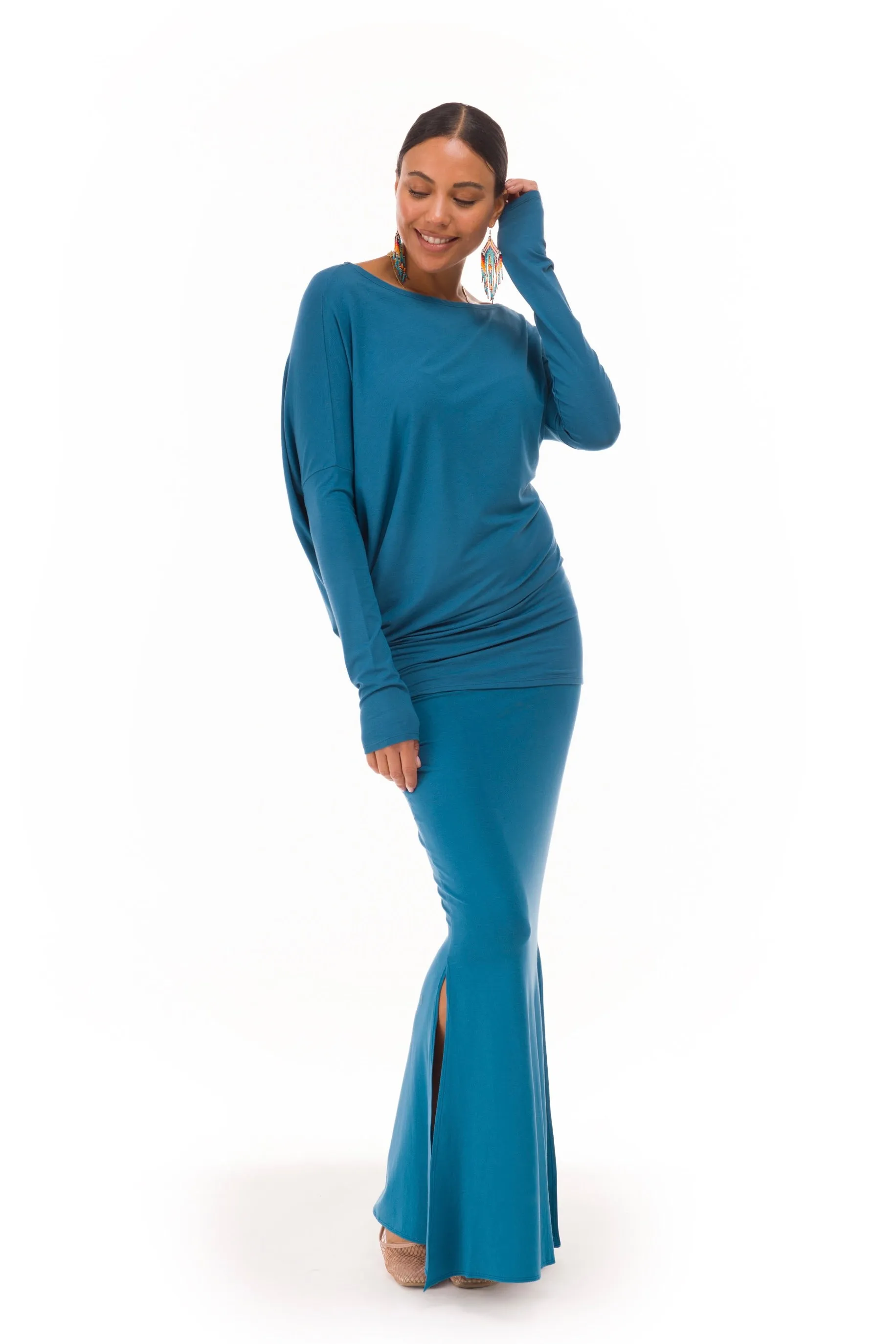 BAMBOO SIDE SLIT SKIRT TEAL