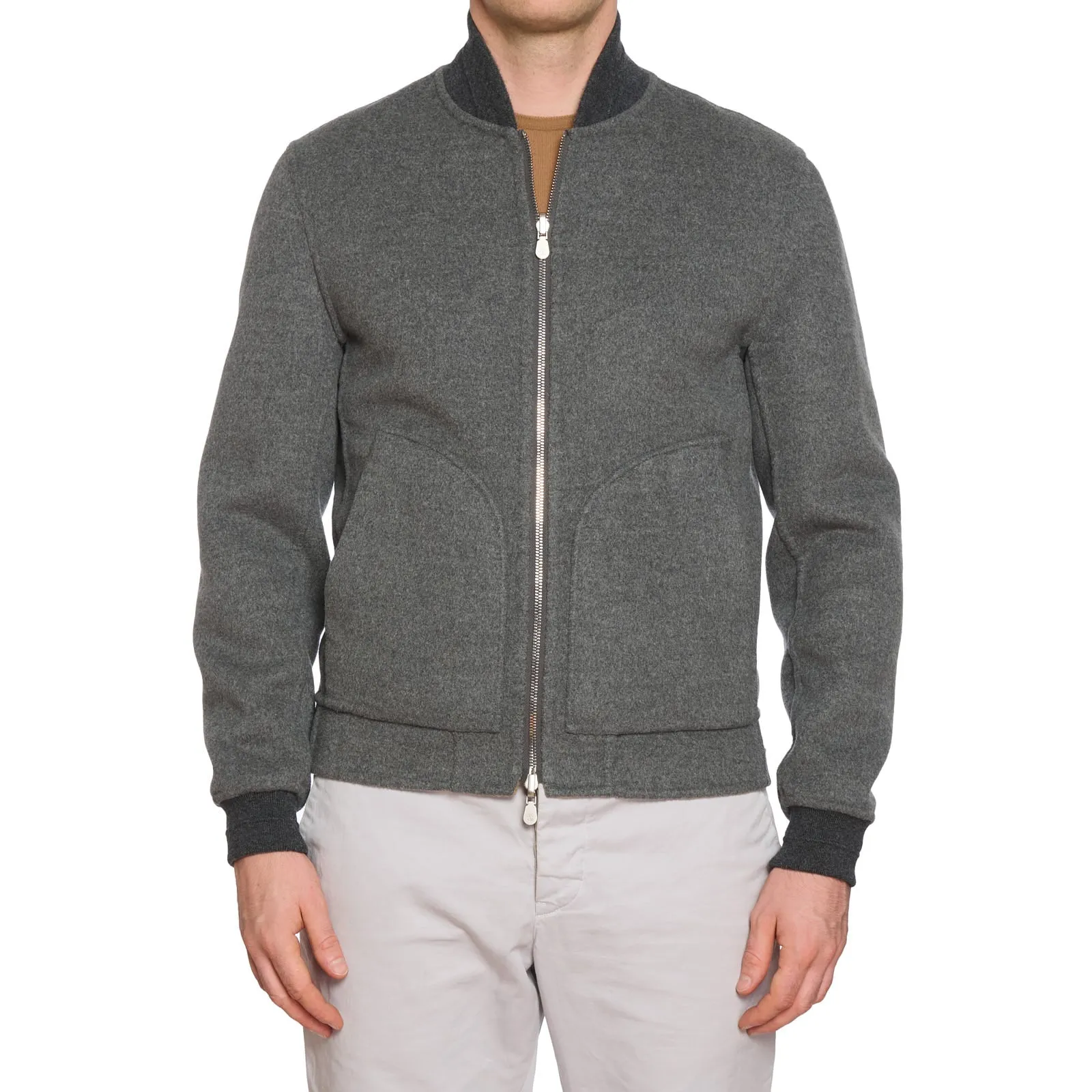 BRUNELLO CUCINELLI Reversible Tan-Gray Cashmere Bomber Jacket EU 50 NEW US 40