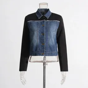 Casual Fashion Patchwork Denim Jackets For Women Lapel Long Sleeve Spliced Single Breasted Short Jacket Female Clothing