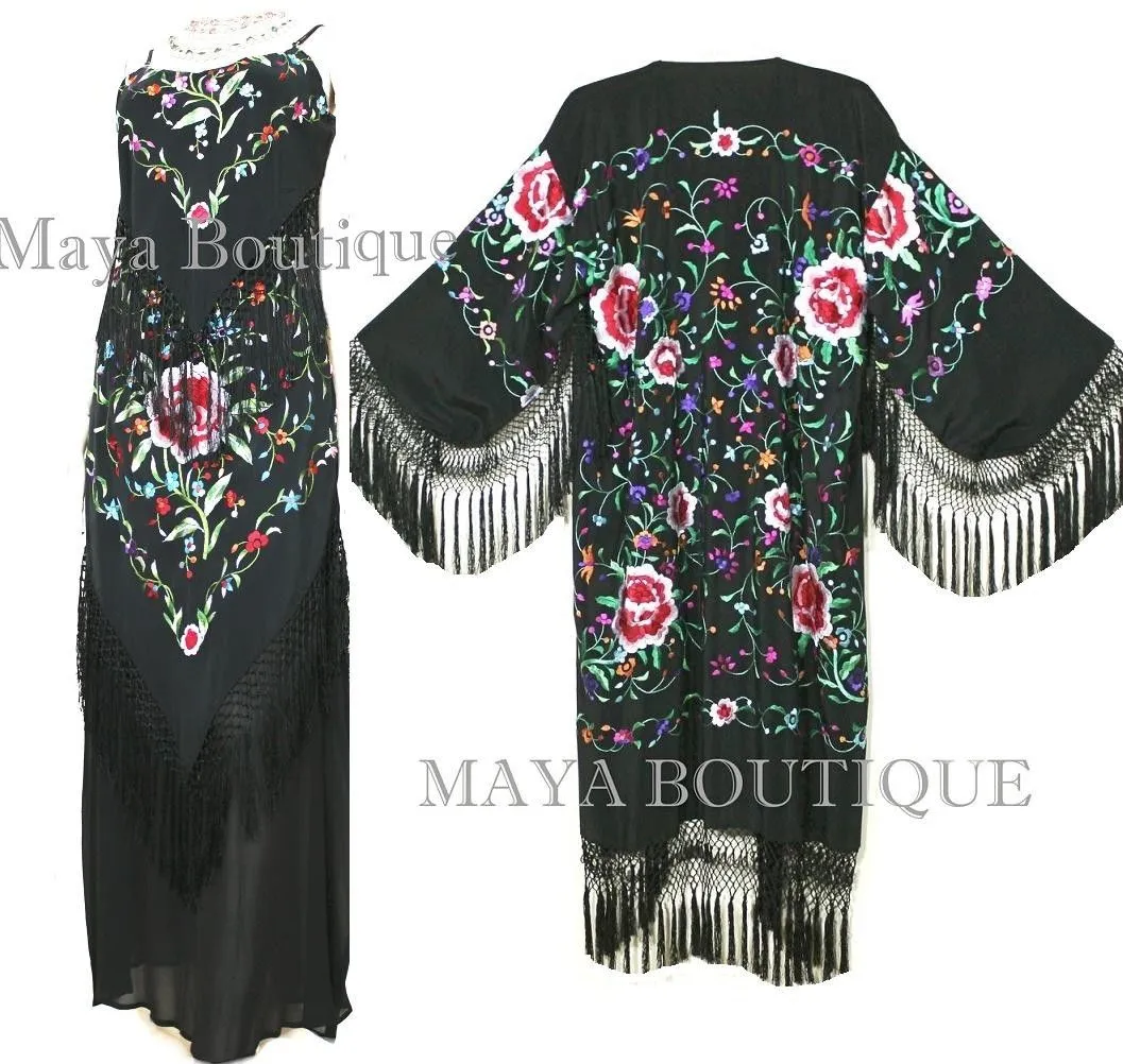 Embroidered Silk Fringe Jacket Flamenco Kimono BLACK & MULTI Maya Matazaro