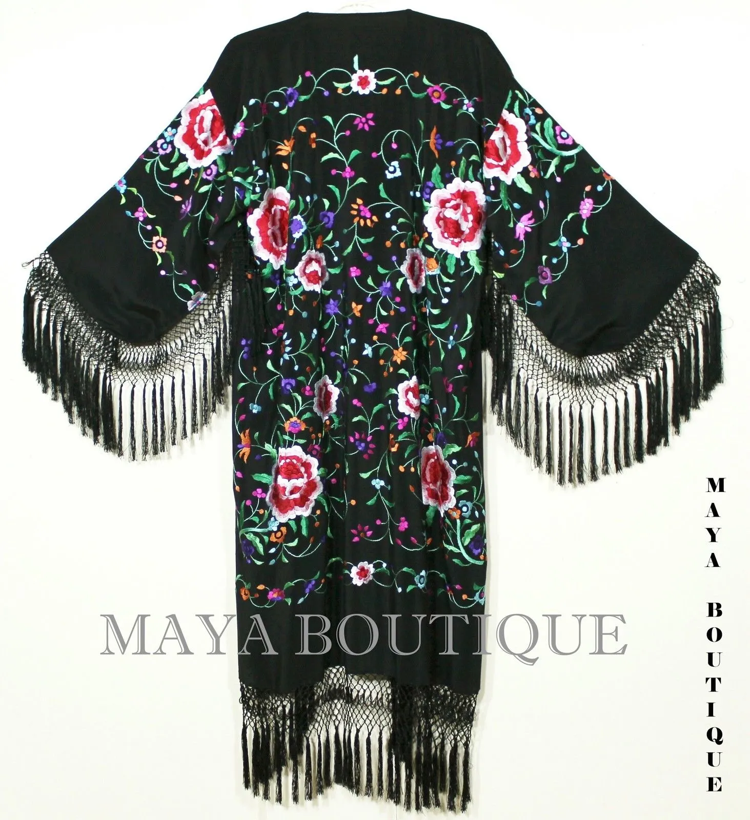 Embroidered Silk Fringe Jacket Flamenco Kimono BLACK & MULTI Maya Matazaro