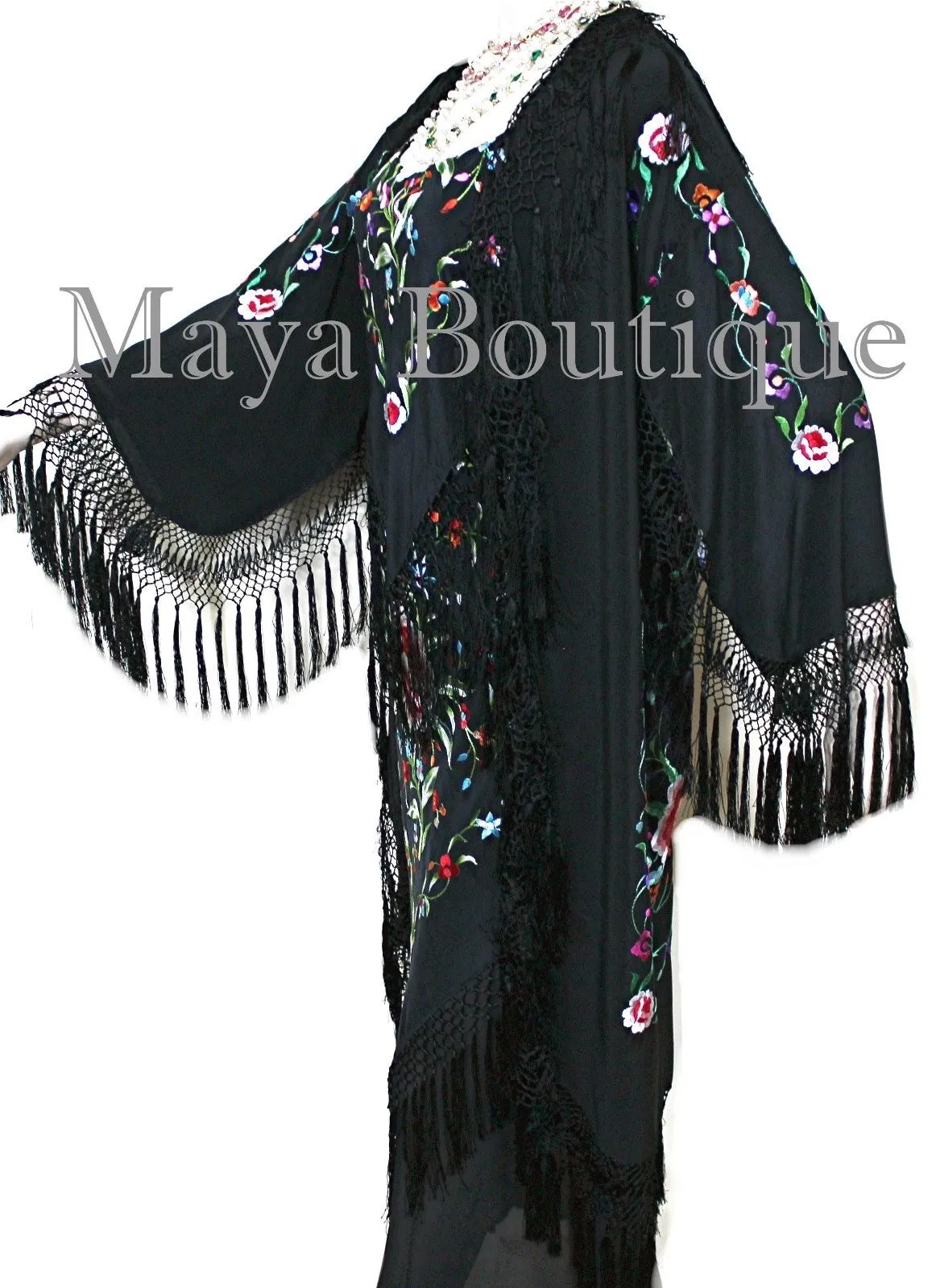 Embroidered Silk Fringe Jacket Flamenco Kimono BLACK & MULTI Maya Matazaro