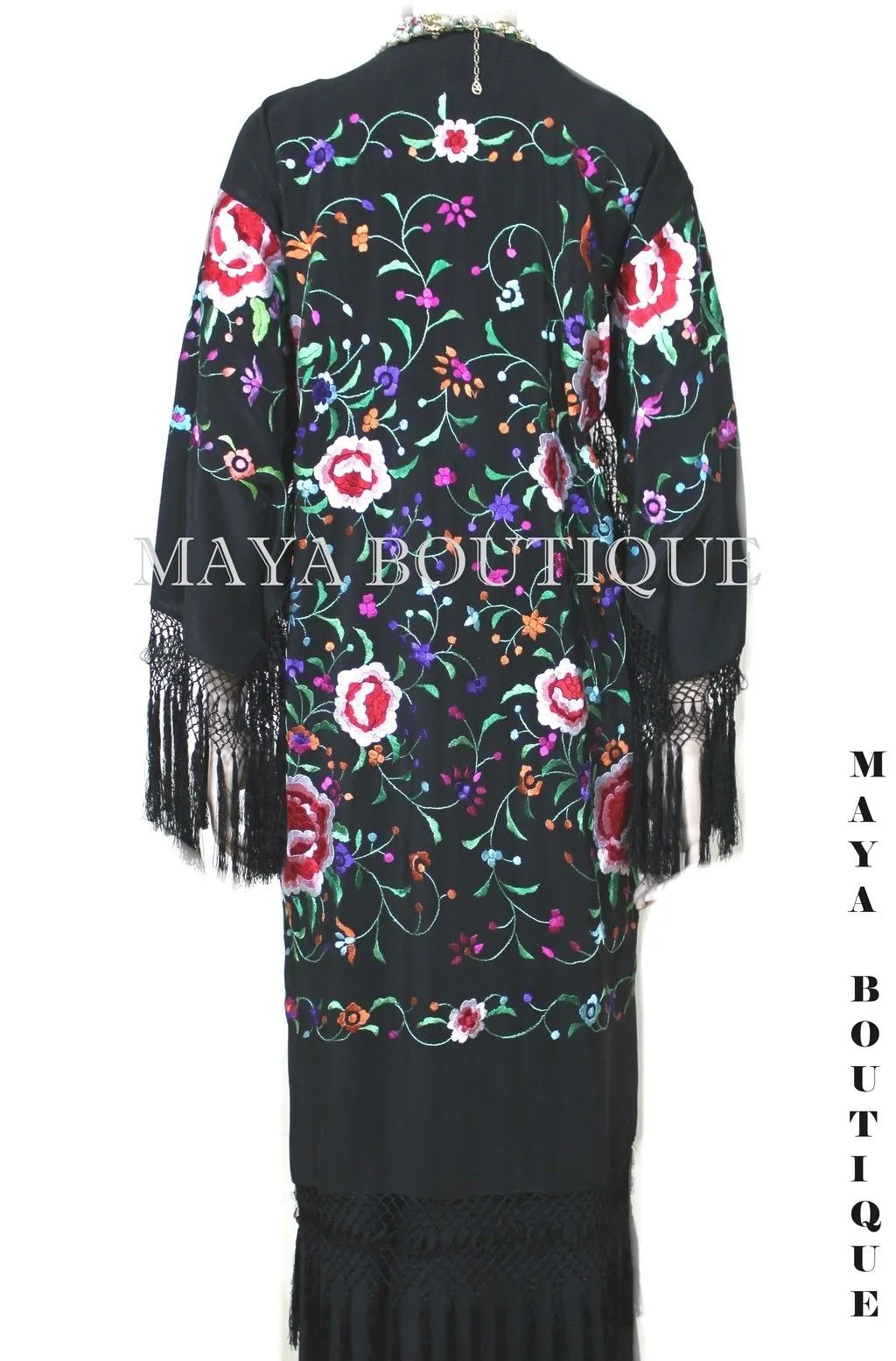 Embroidered Silk Fringe Jacket Flamenco Kimono BLACK & MULTI Maya Matazaro