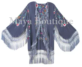 Embroidered Silk Fringe Jacket Flamenco Kimono Lilac Grey Short Maya Matazaro