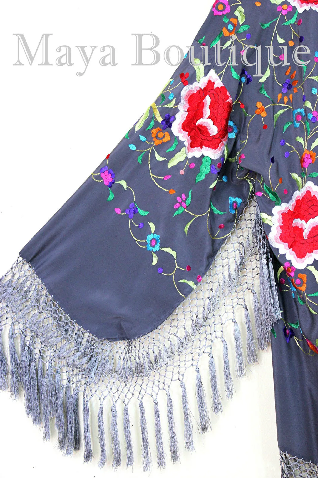 Embroidered Silk Fringe Jacket Flamenco Kimono Lilac Grey Short Maya Matazaro