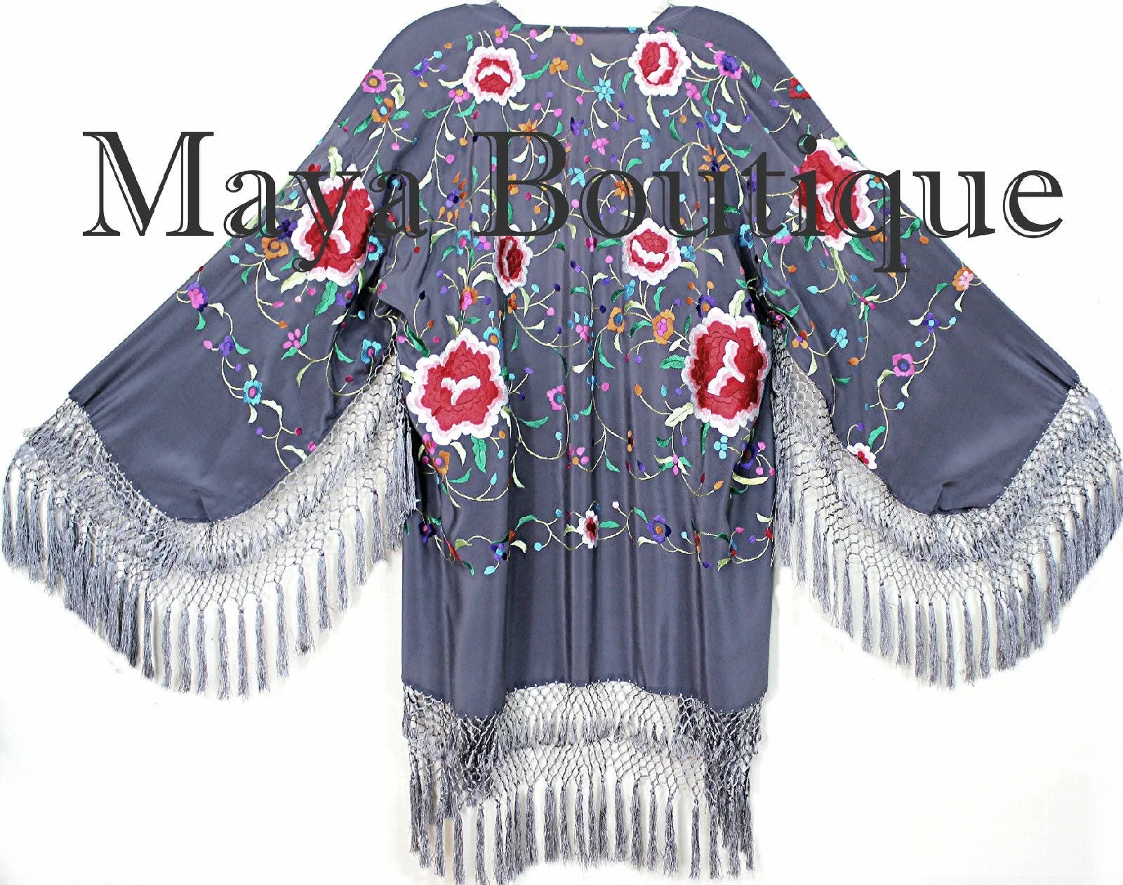 Embroidered Silk Fringe Jacket Flamenco Kimono Lilac Grey Short Maya Matazaro
