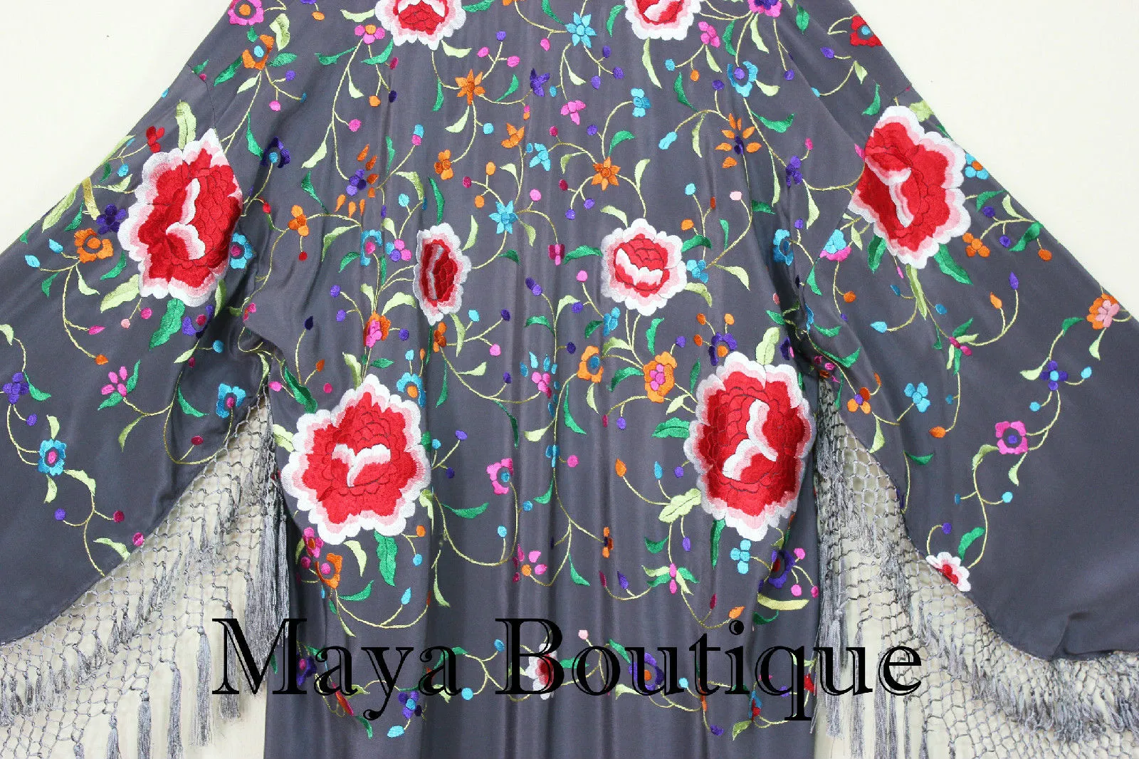 Embroidered Silk Fringe Jacket Flamenco Kimono Lilac Grey Short Maya Matazaro