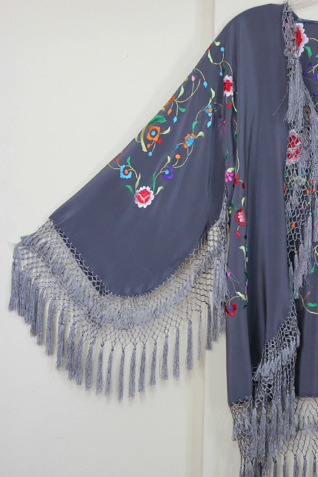 Embroidered Silk Fringe Jacket Flamenco Kimono Lilac Grey Short Maya Matazaro
