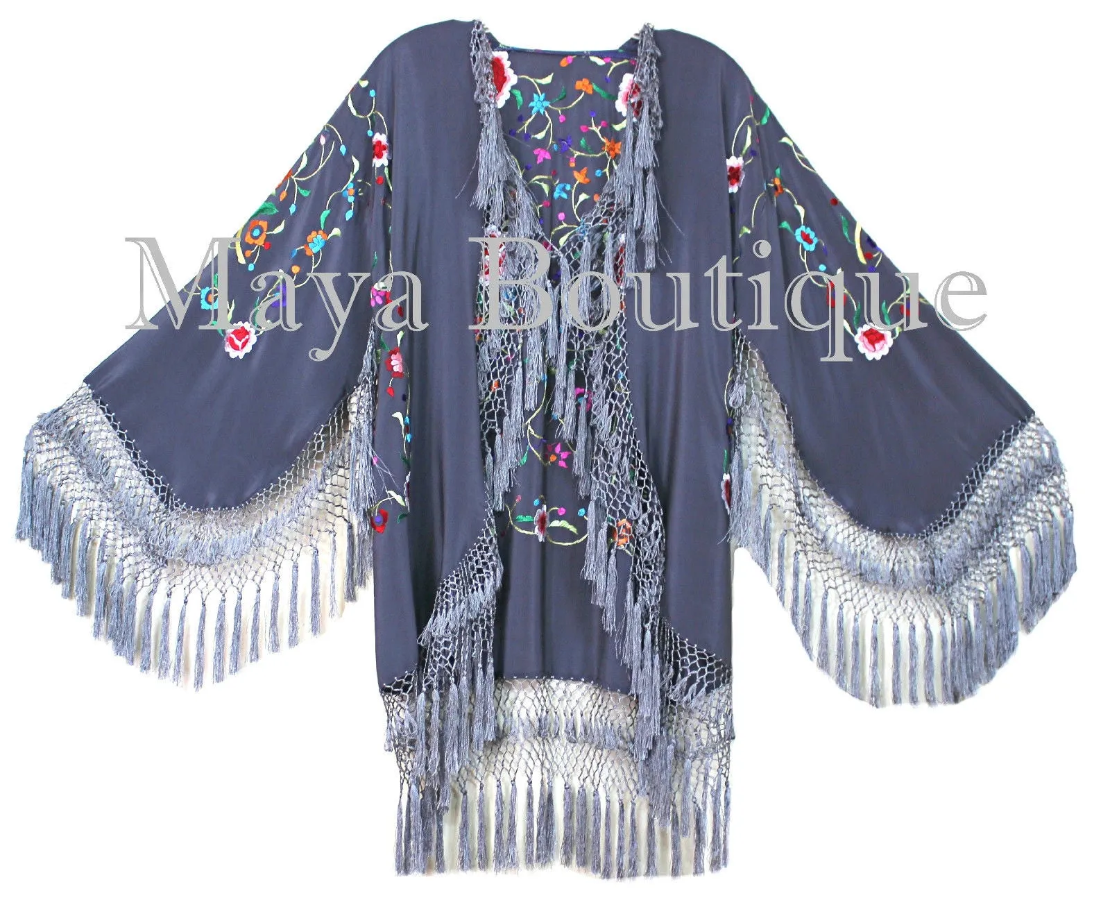 Embroidered Silk Fringe Jacket Flamenco Kimono Lilac Grey Short Maya Matazaro