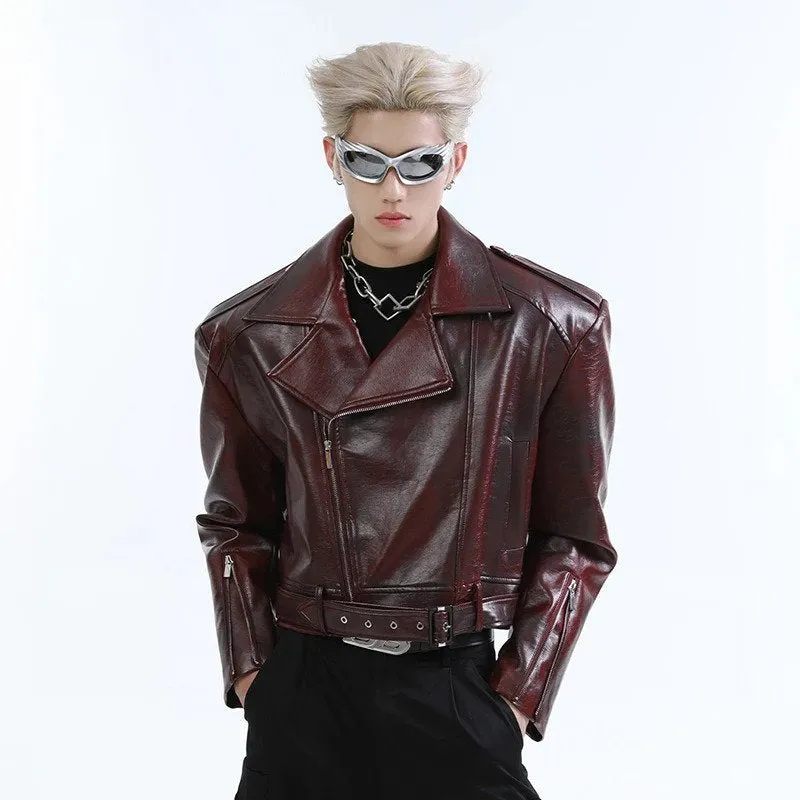Lapel Collar Zipper with Belt Leather Jacket