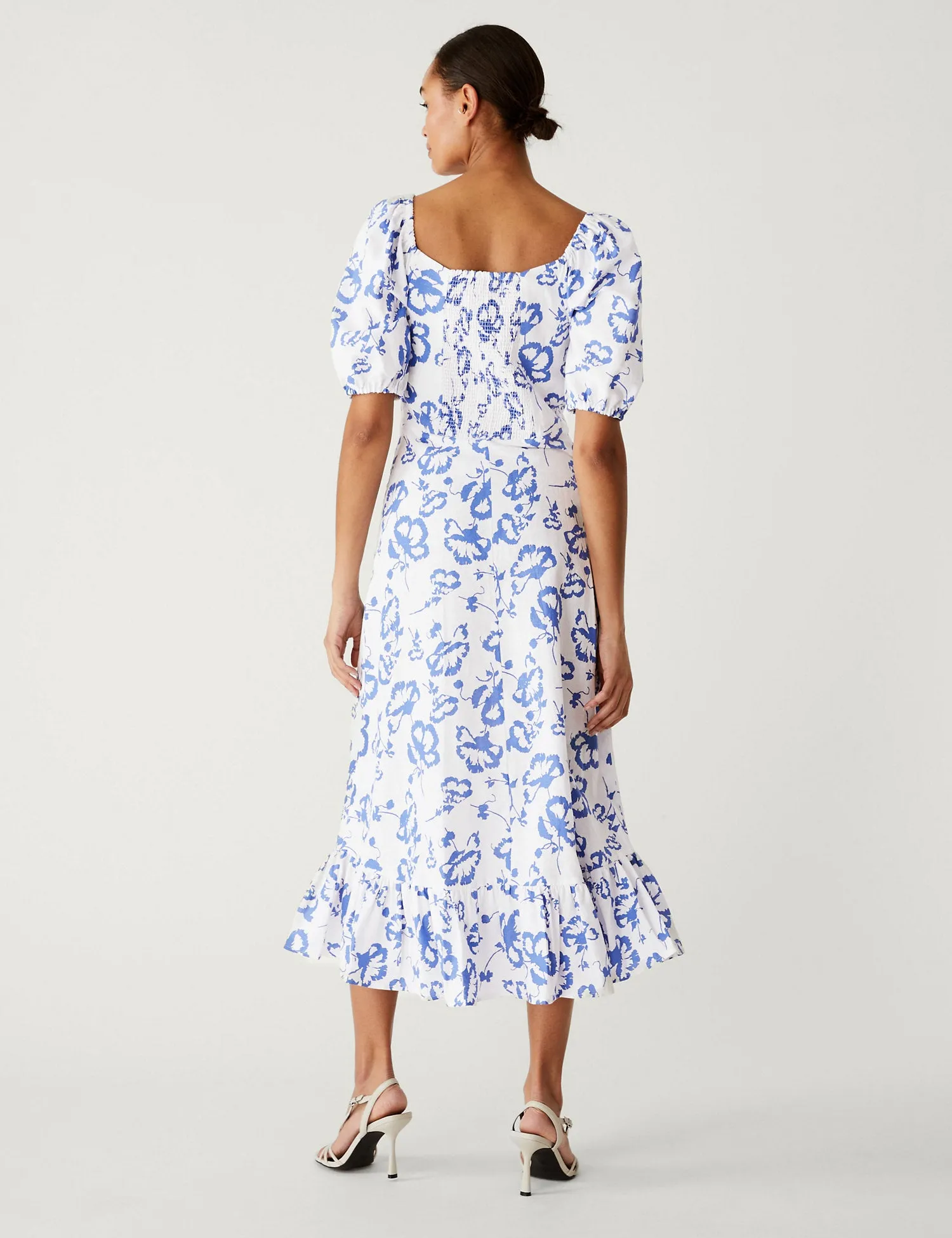 Linen Rich Floral Square Neck Midi Dress