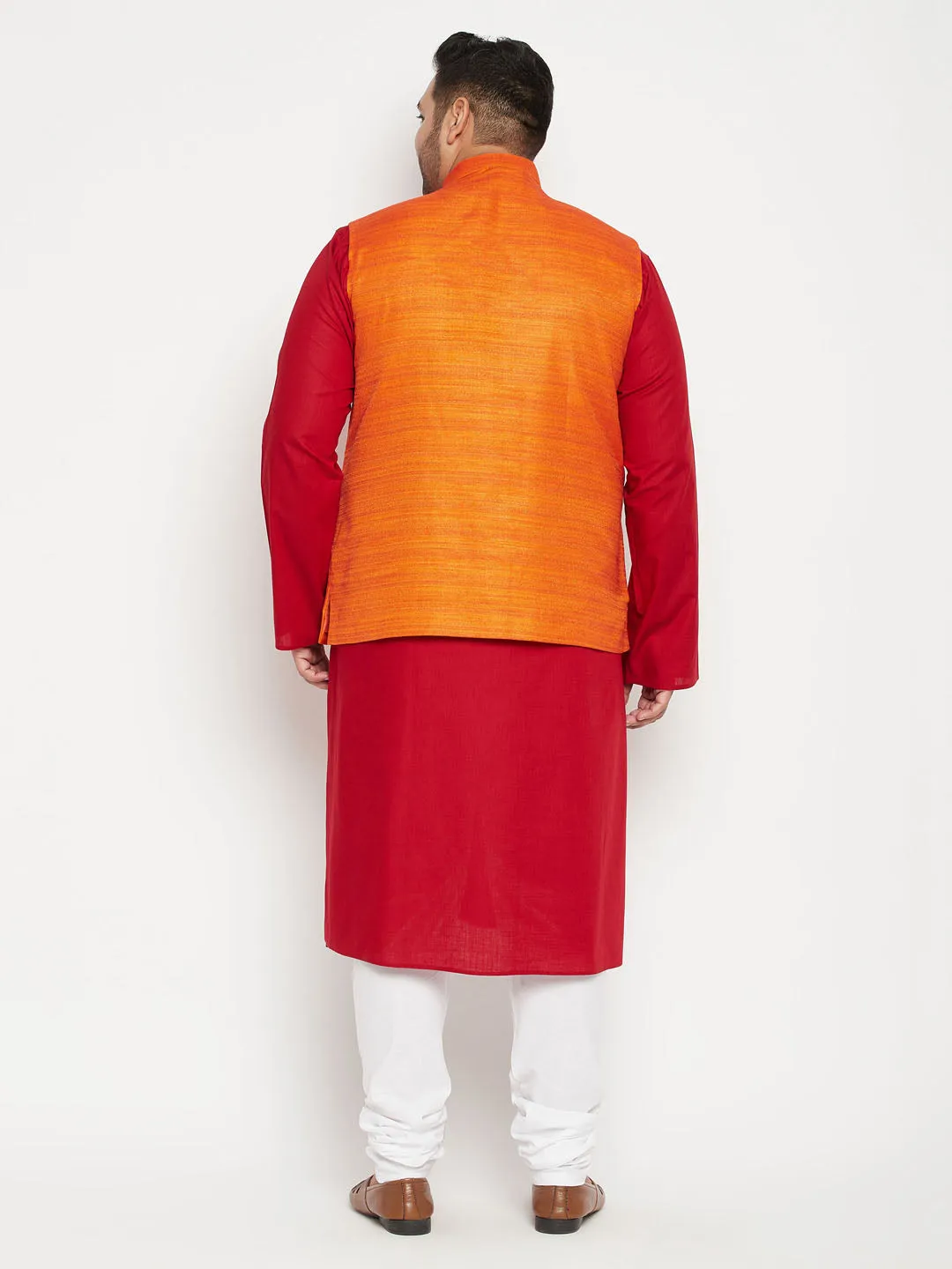 Men's Plus Maroon, Orange And White Cotton Blend Jacket Kurta Pyjama Set - Vastramay
