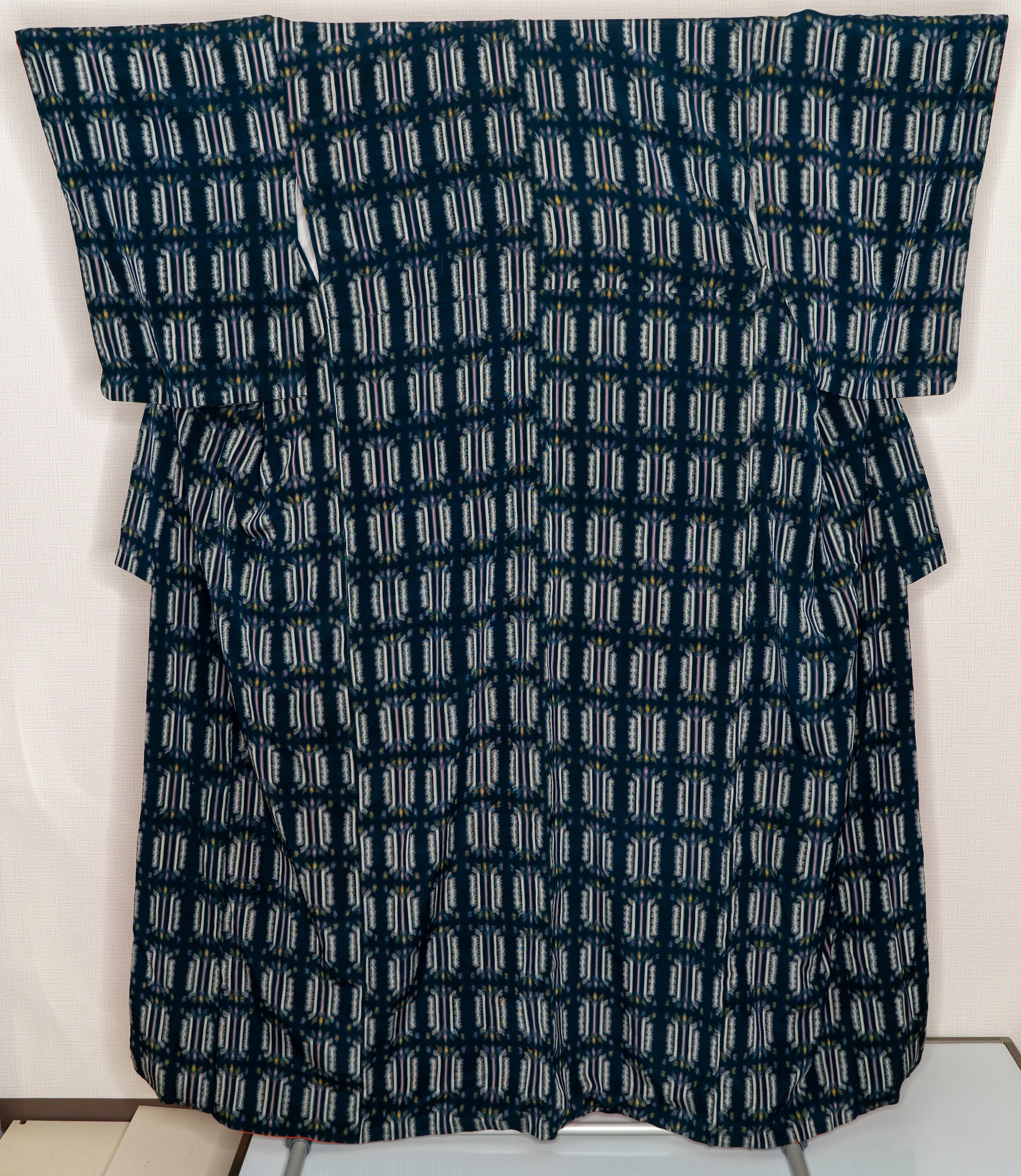 Retro 1960s Style Silk Kimono - Blue Kimono with White Abstract Symbols and Shapes