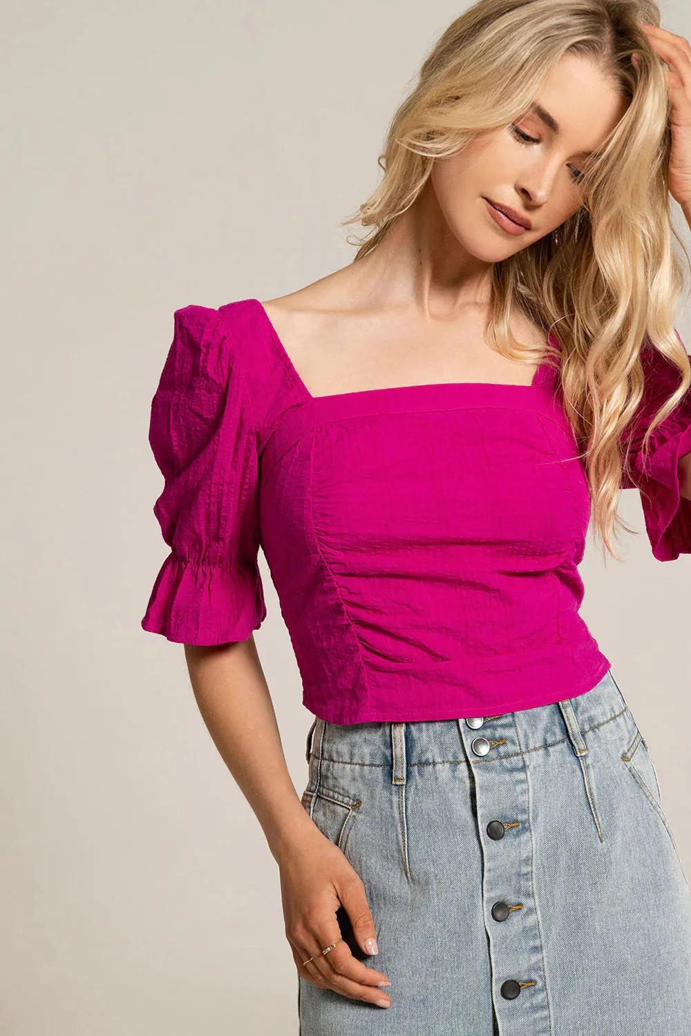 SAL Bowin Puff Sleeve Top in Fuschia