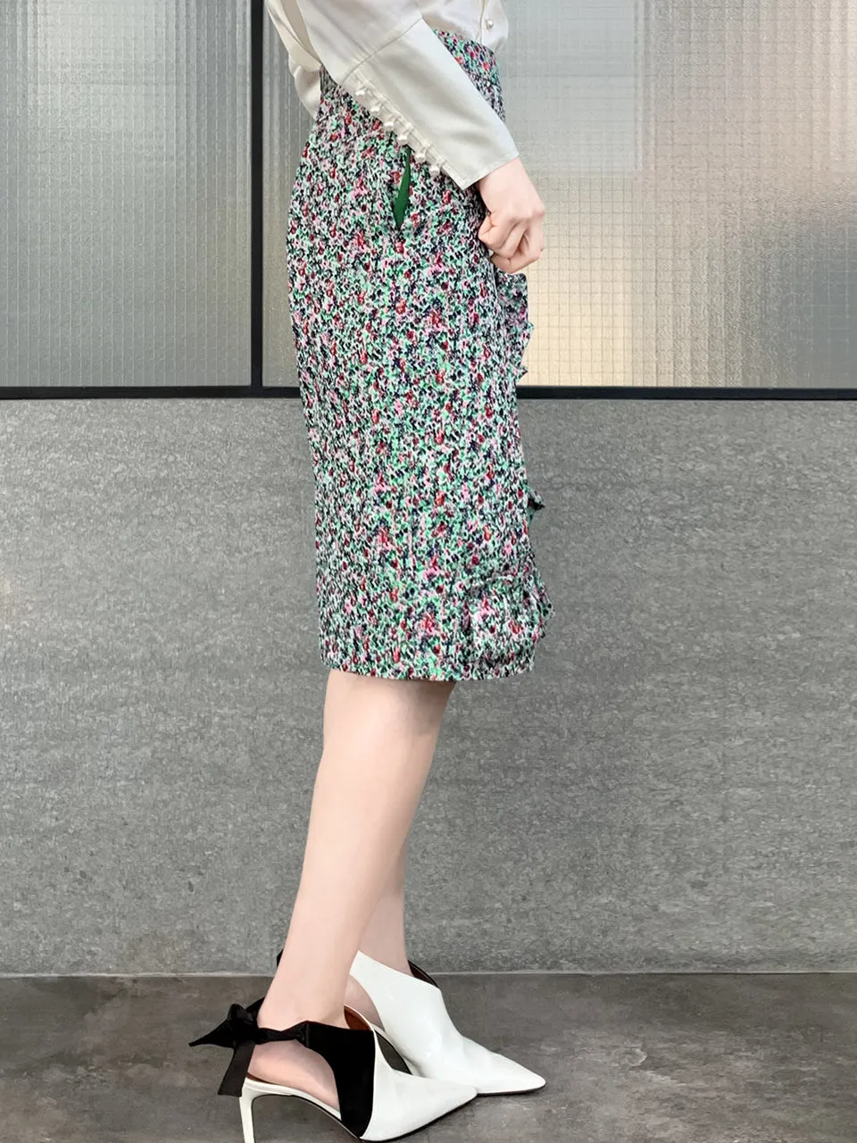 Surprise Sale! Green Jacquard Blossom Ruffle Slit Pencil Skirt