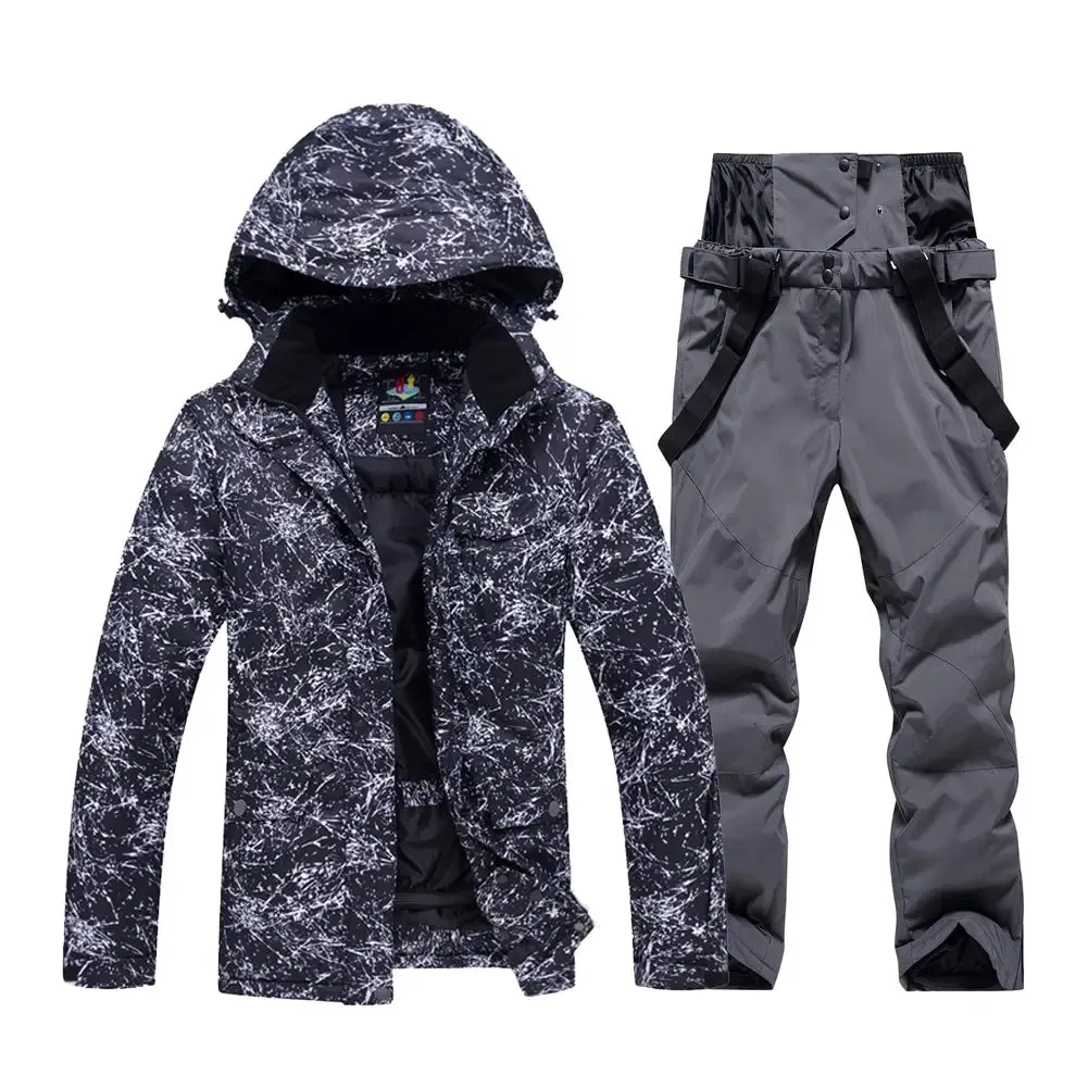 Unisex Marble Pattern Hooded Snowboard Ski Jacket and Pants Set