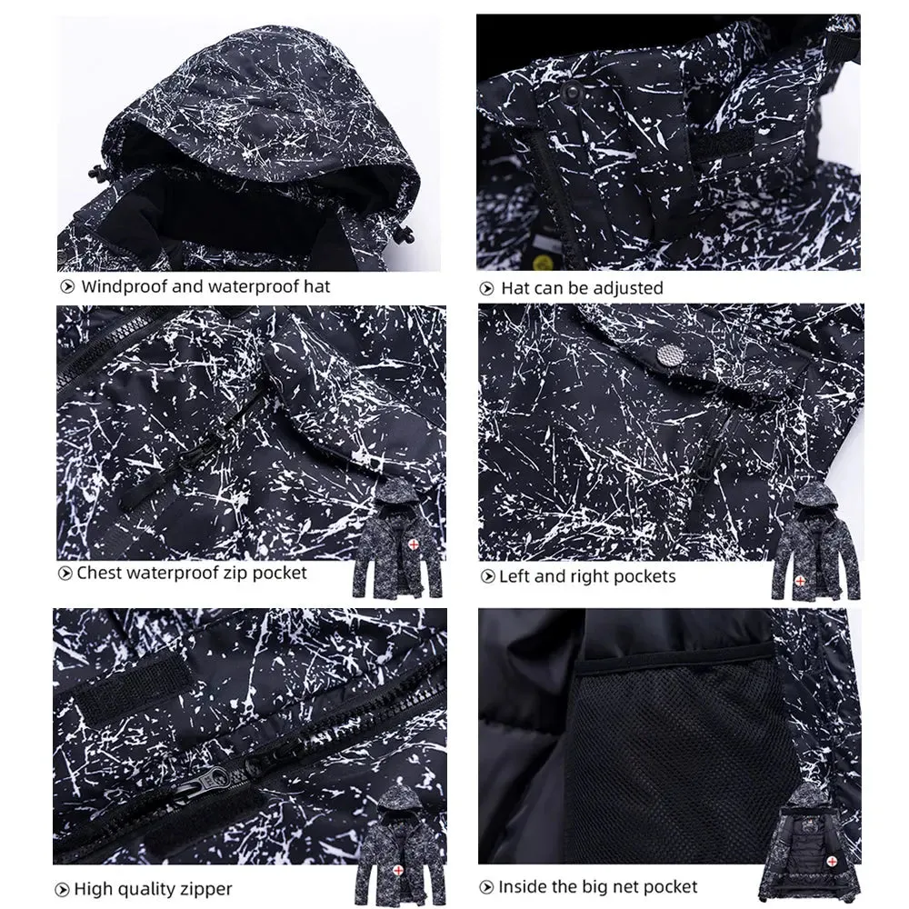 Unisex Marble Pattern Hooded Snowboard Ski Jacket and Pants Set