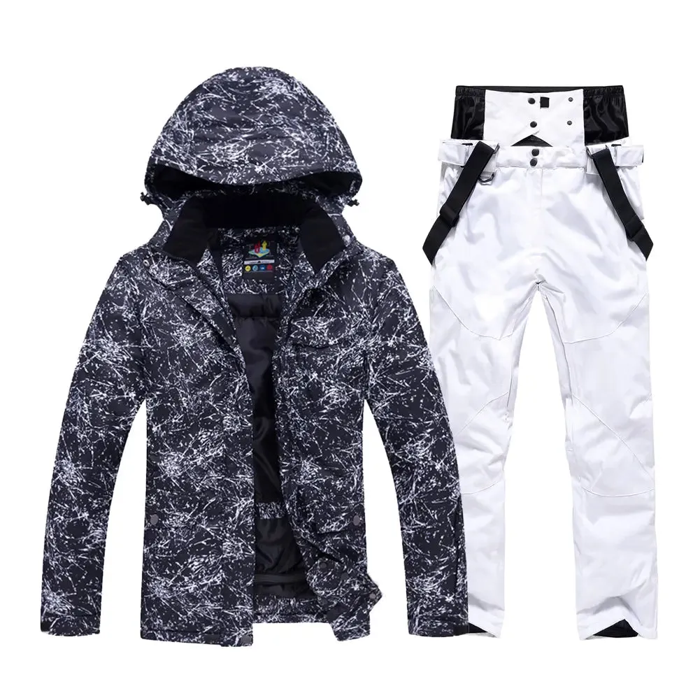 Unisex Marble Pattern Hooded Snowboard Ski Jacket and Pants Set