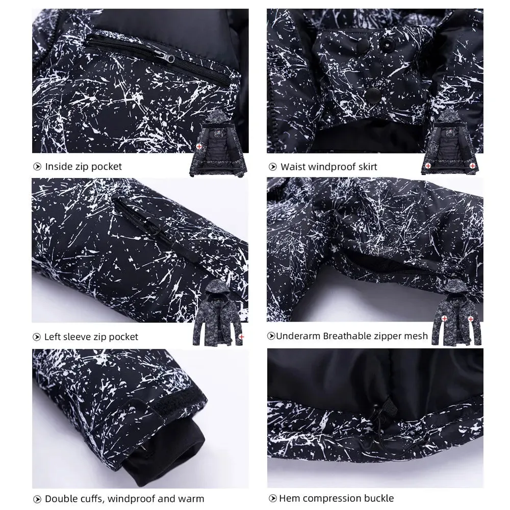 Unisex Marble Pattern Hooded Snowboard Ski Jacket and Pants Set