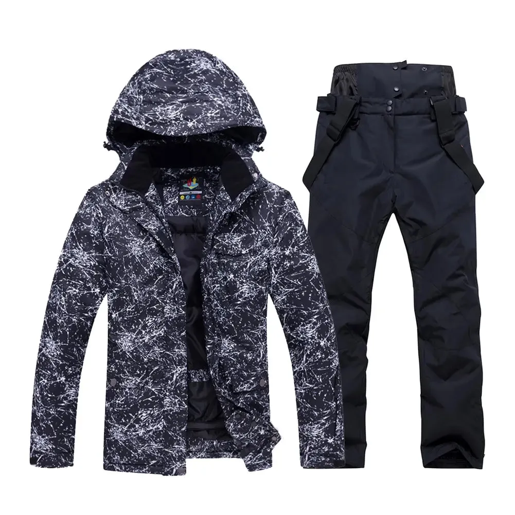Unisex Marble Pattern Hooded Snowboard Ski Jacket and Pants Set
