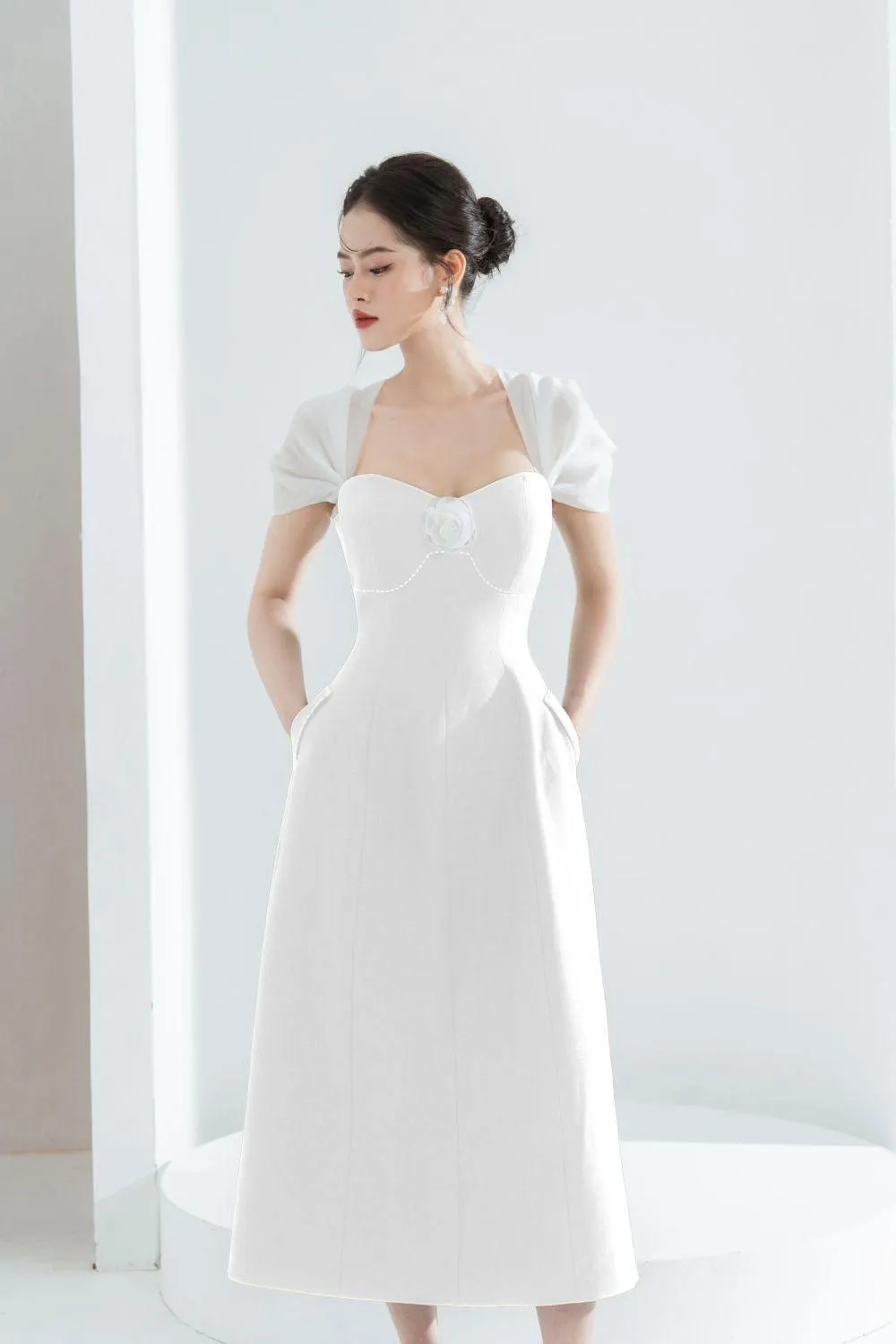Vera A-line Semi-Heart Neck Polycotton Midi Dress