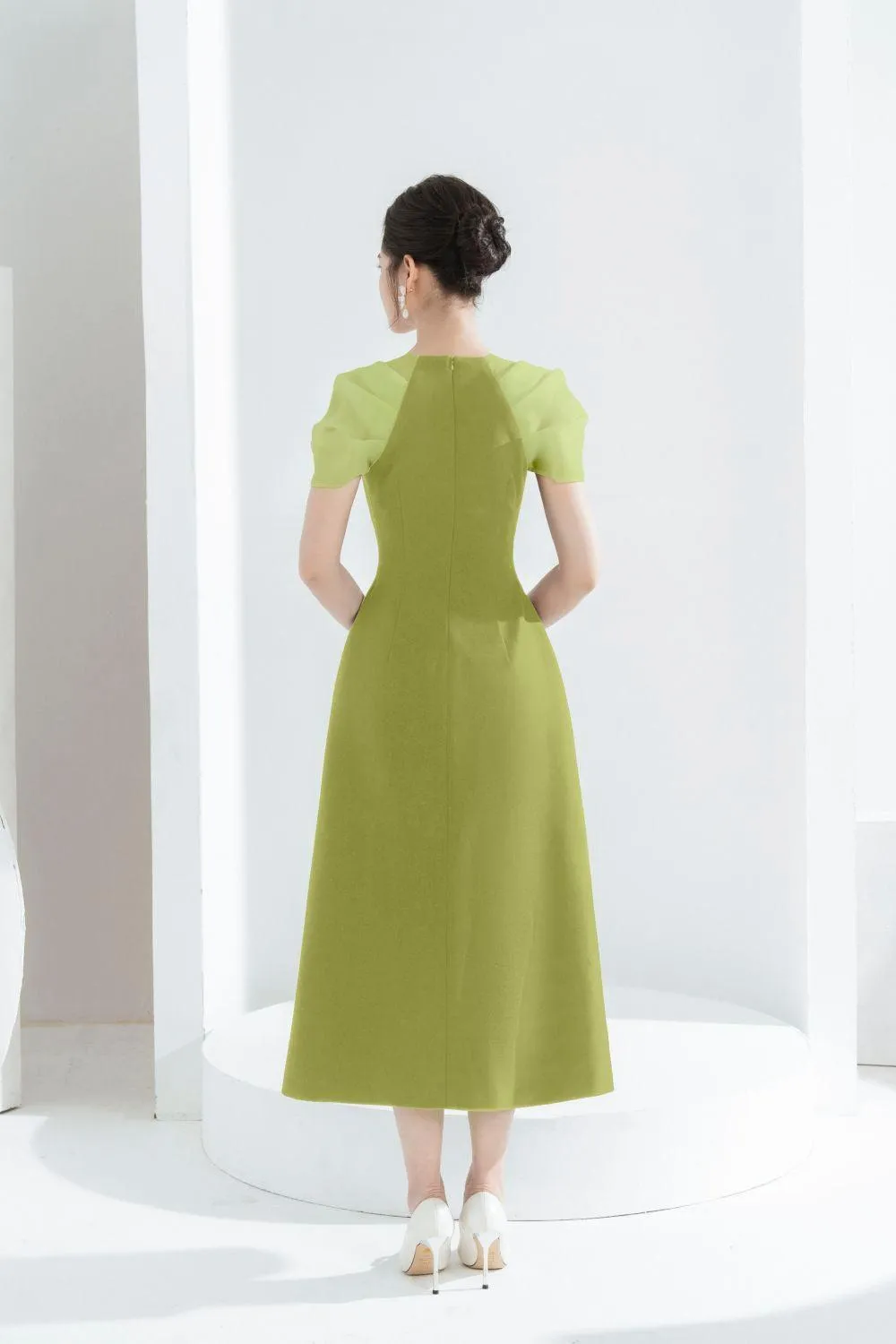 Vera A-line Semi-Heart Neck Polycotton Midi Dress