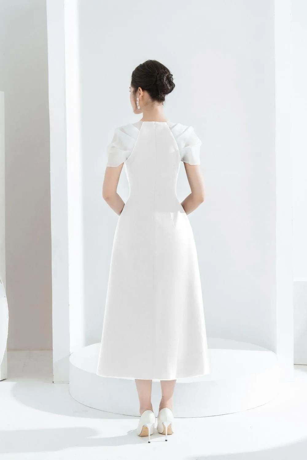 Vera A-line Semi-Heart Neck Polycotton Midi Dress