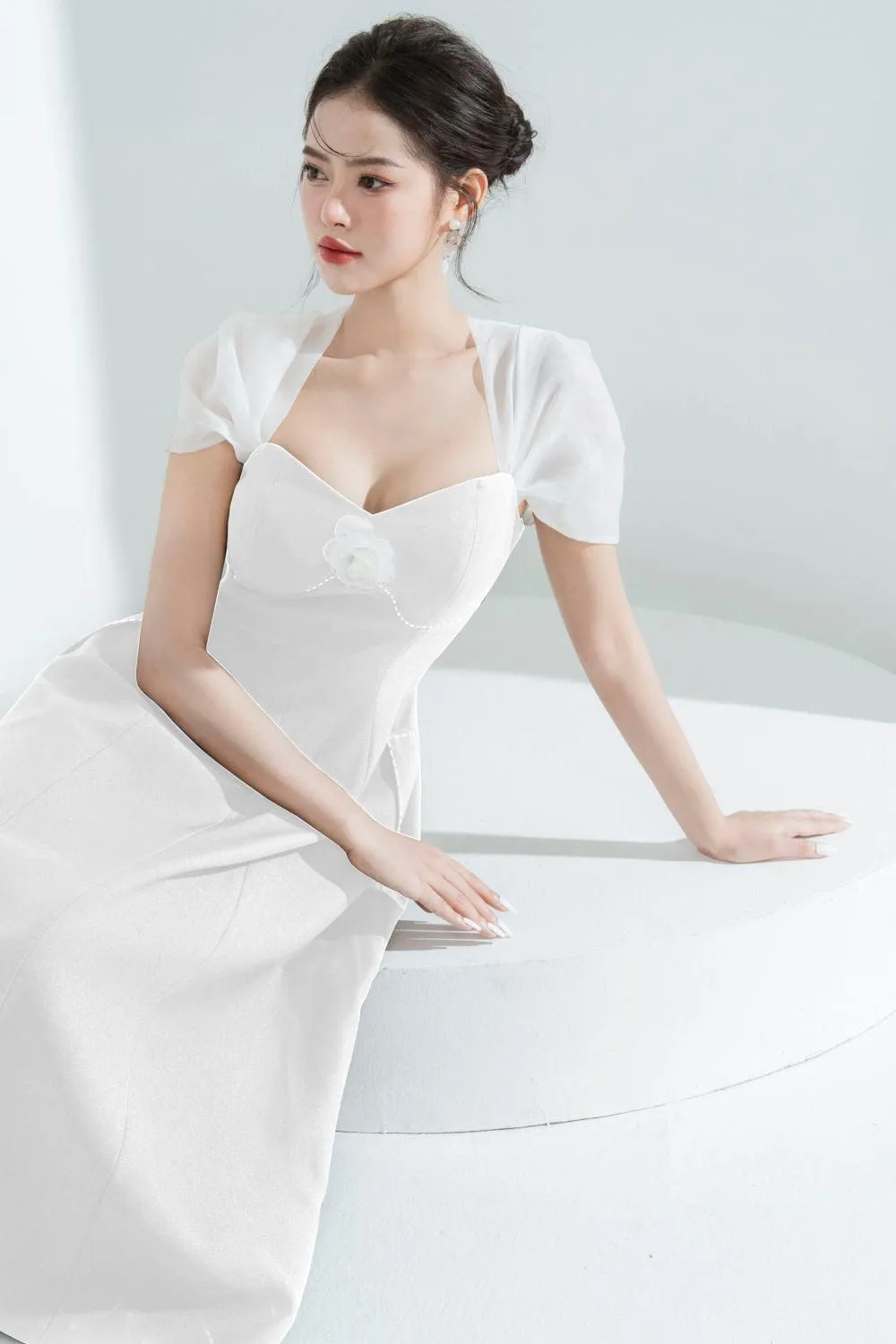 Vera A-line Semi-Heart Neck Polycotton Midi Dress