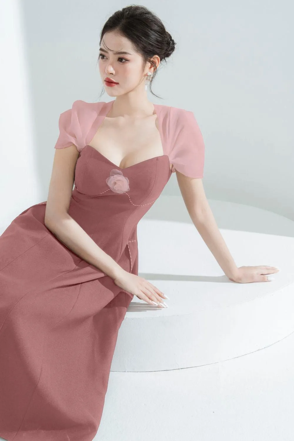 Vera A-line Semi-Heart Neck Polycotton Midi Dress