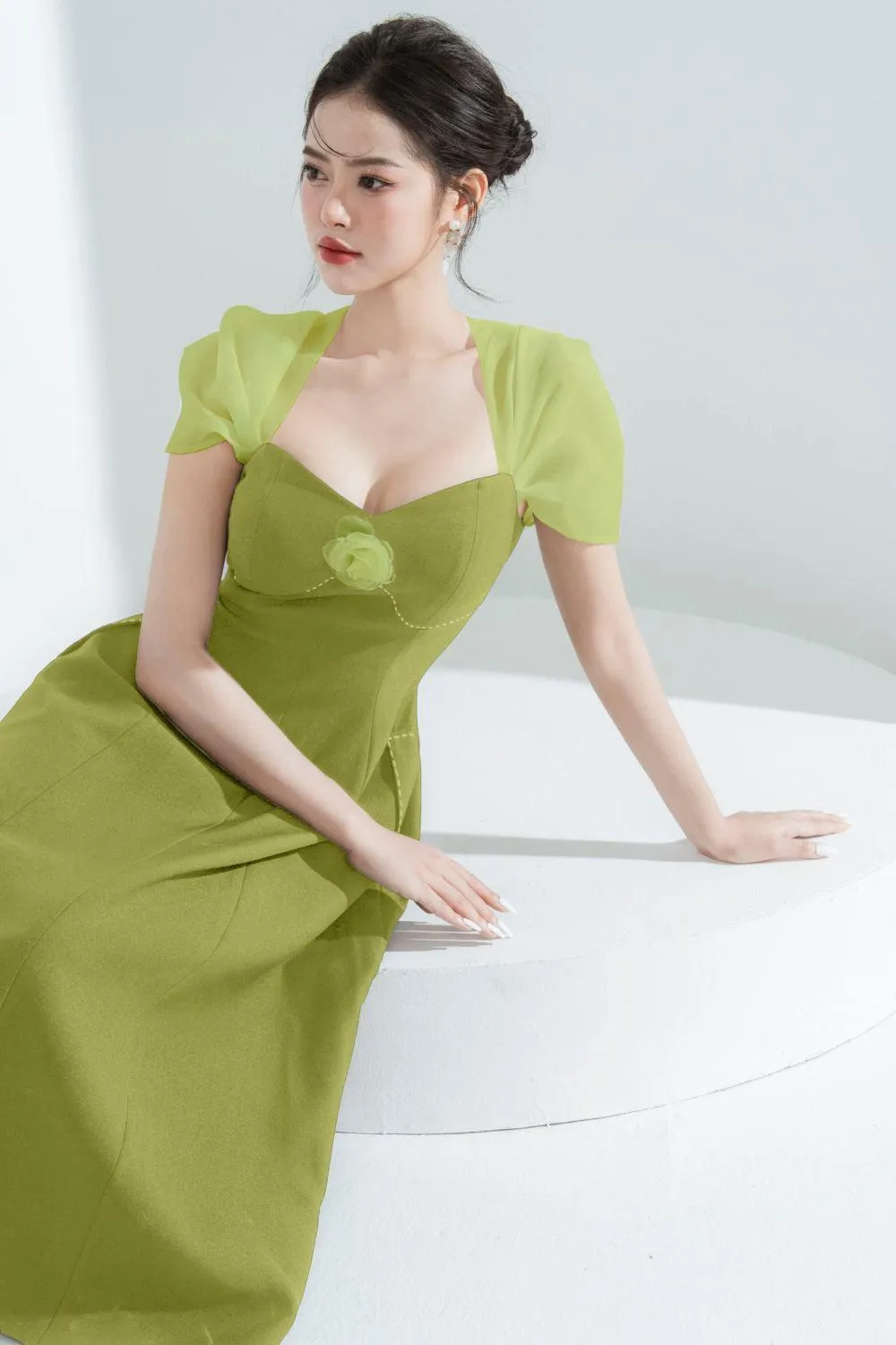 Vera A-line Semi-Heart Neck Polycotton Midi Dress