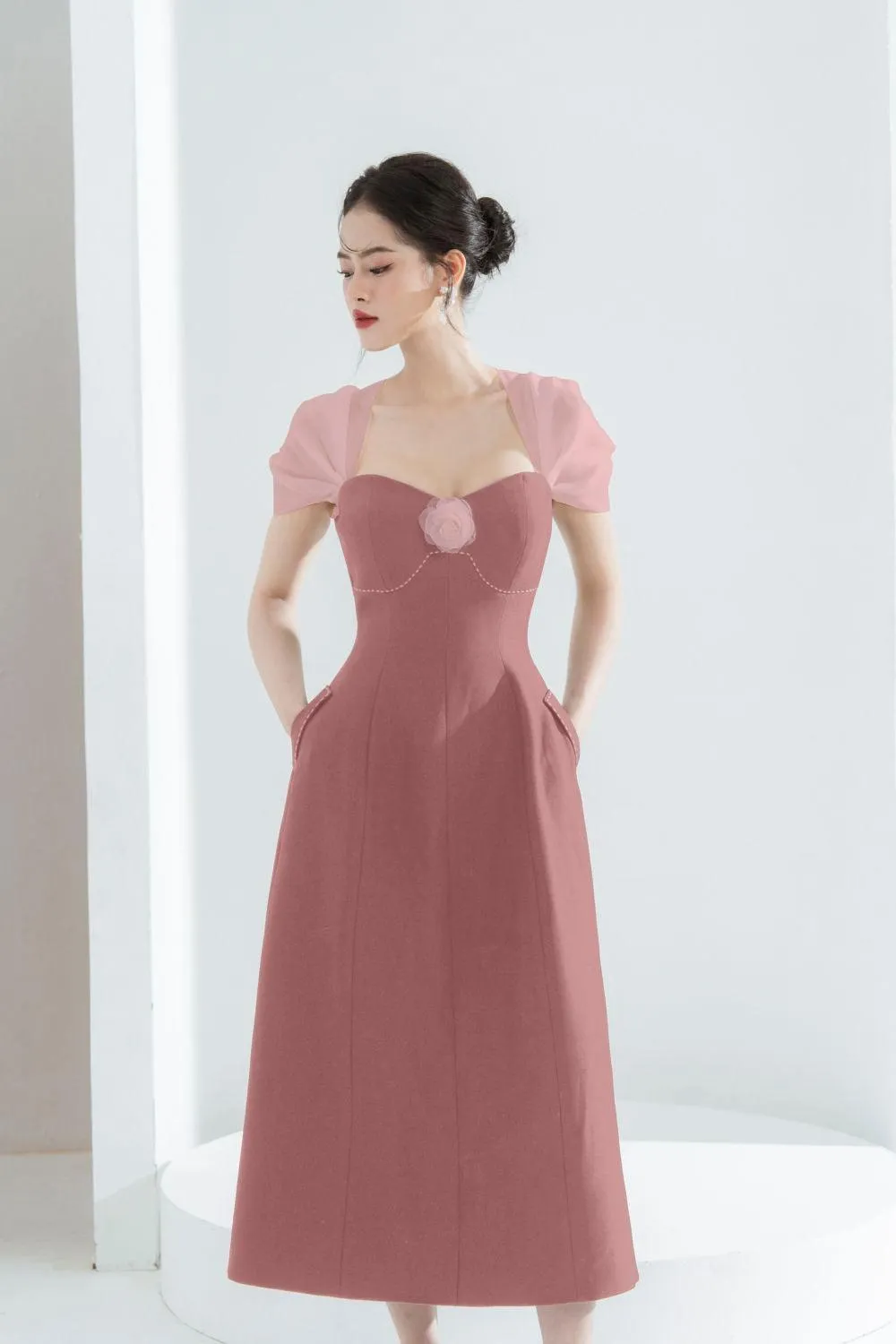 Vera A-line Semi-Heart Neck Polycotton Midi Dress