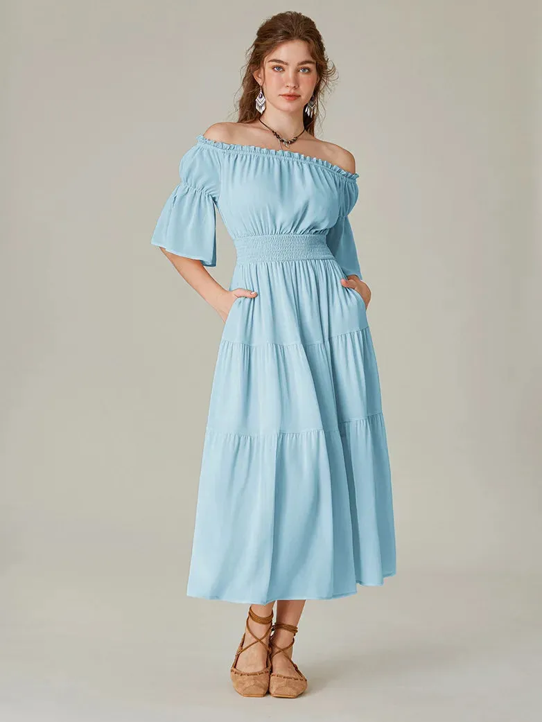 Women Renaissance Off Shoulder Dress 1/2 Sleeve Pocket Dress