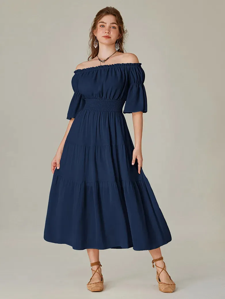 Women Renaissance Off Shoulder Dress 1/2 Sleeve Pocket Dress