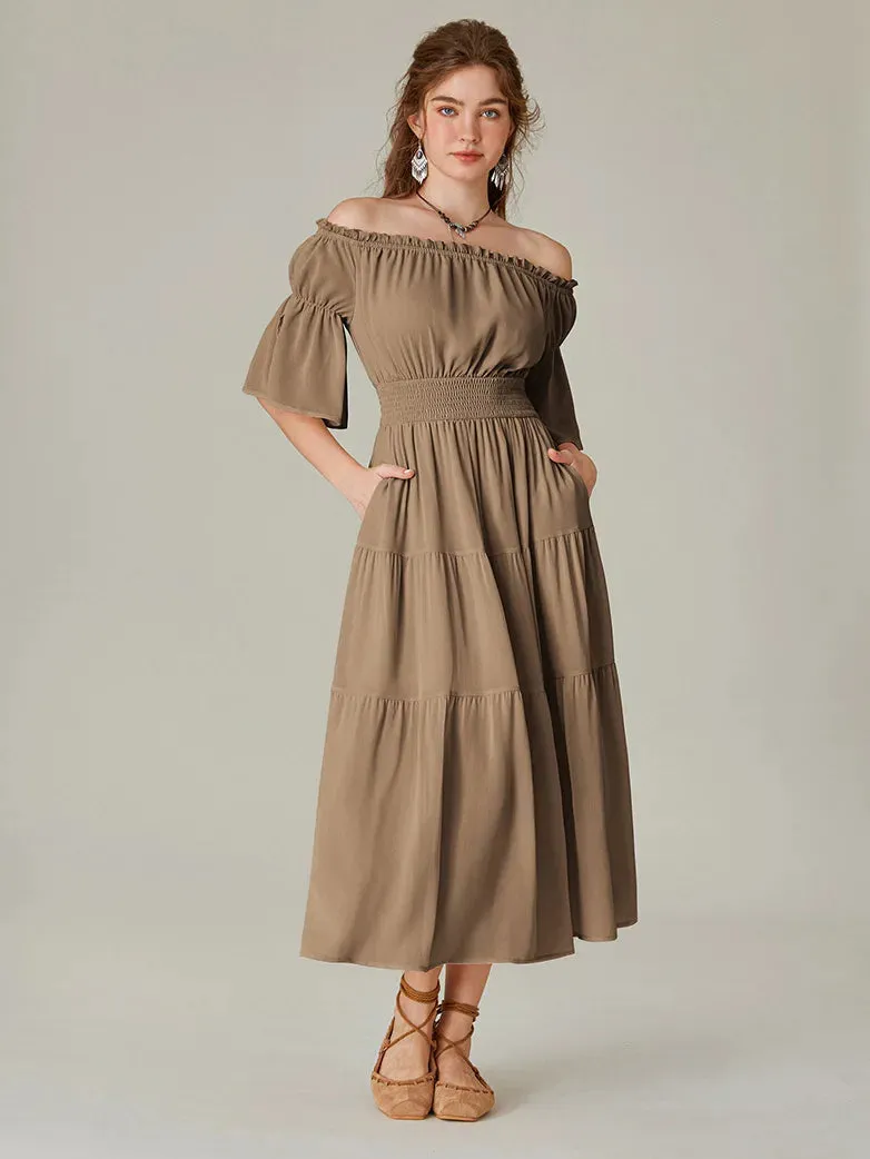 Women Renaissance Off Shoulder Dress 1/2 Sleeve Pocket Dress