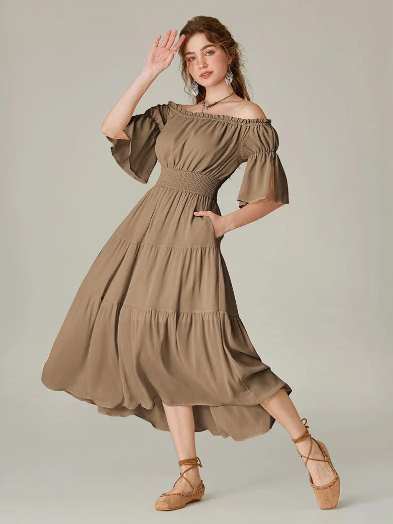Women Renaissance Off Shoulder Dress 1/2 Sleeve Pocket Dress