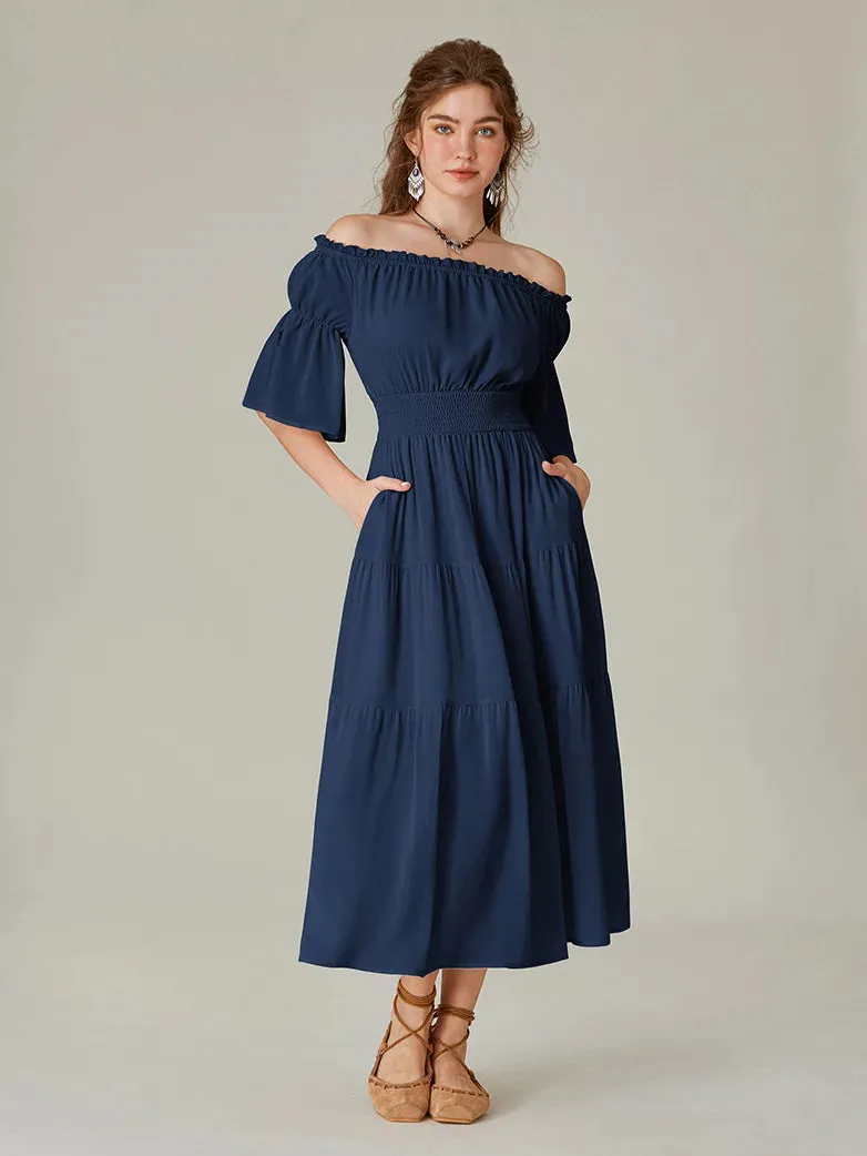 Women Renaissance Off Shoulder Dress 1/2 Sleeve Pocket Dress