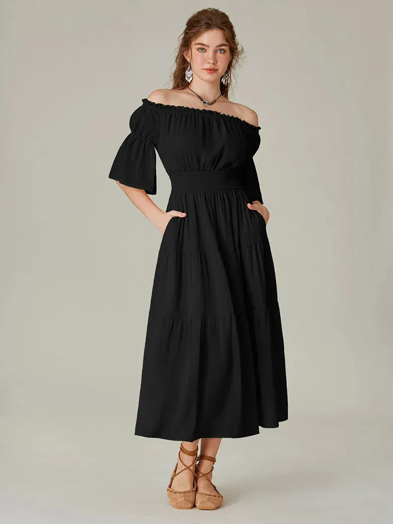 Women Renaissance Off Shoulder Dress 1/2 Sleeve Pocket Dress